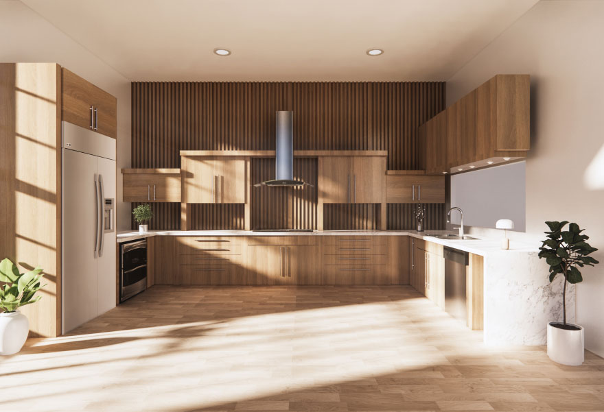 Kitchen island with polished stone surface