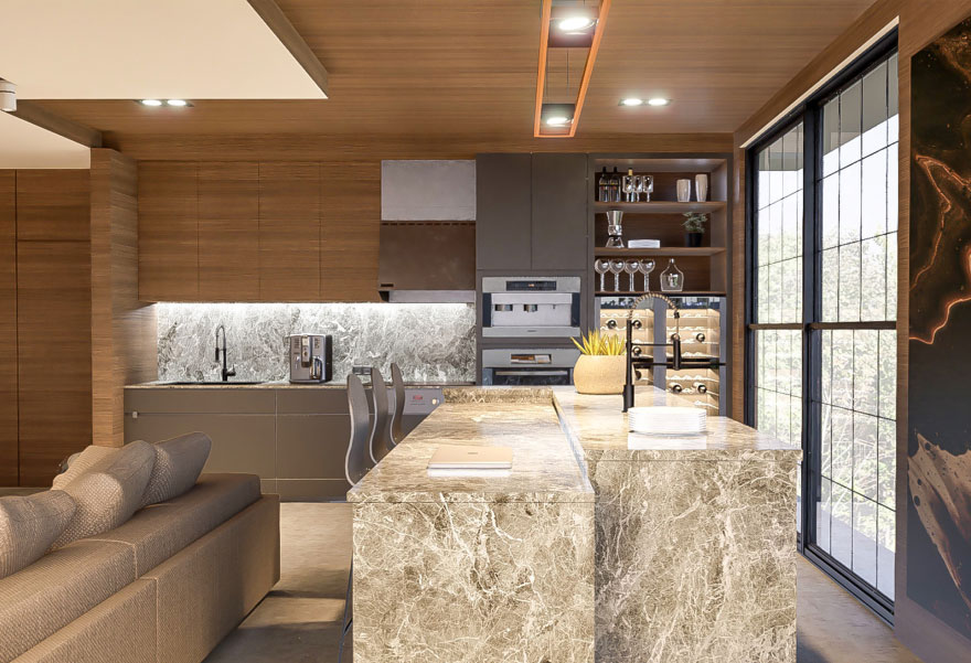 Finished kitchen with marble-look countertop